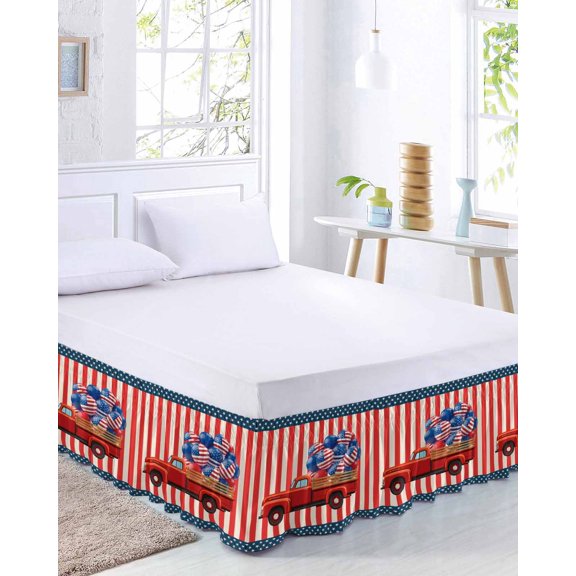 Independence Day Bed Skirt Queen Size 16 Inch Drop, Five-Pointed Star U.S. Flag Themed Bubble Red Truck Adjustable Elastic Dust Ruffles Bedskirt for Queen Bed Wrap Around Pleated Mattress Frame Cover