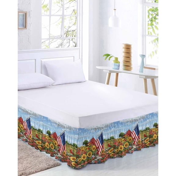 Independence Day Bed Skirt Queen Size 16 Inch Drop, U. S. Summer Sunflower Pastoral Barn Farmhouse Adjustable Elastic Dust Ruffles Bedskirt for Queen Bed Wrap Around Pleated Mattress Frame Cover