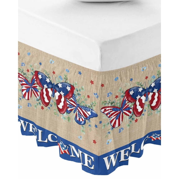 Independence Day Bed Skirt Queen Size 16 Inch Drop, Wrap Around Bed Skirts, Farmhouse American Flag Butterflies Burlap Elastic Bedskirt Pleated Bed Frame Cover Luxurious Dust Ruffle for Queen Bed