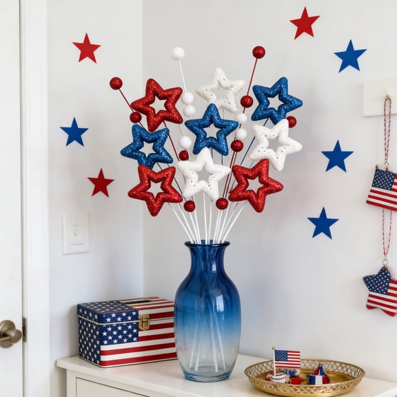 Independence Day Berry Branch Ornament , Patriotic Star Coloured Balls Decor for Holiday Party , Artificial 4 Th of July Plastic Ornament for Memory Day
