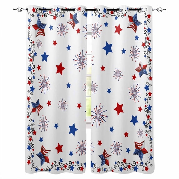Independence Day Blackout Curtains for Bedroom Living Room Darkening Curtains 63 Inches Long 4th of July Blue Red Star Fireworks Window Curtain 2 Panels Set Window Treatment Grommet Drapes 52"x63"