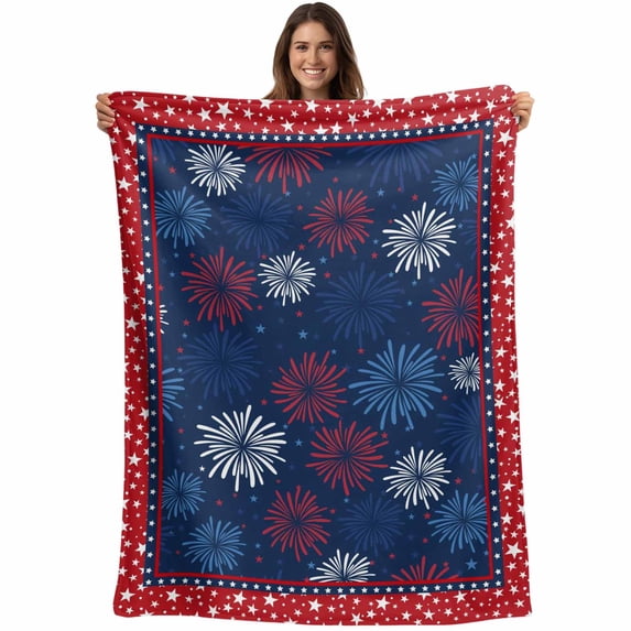 Independence Day Blanket Soft Cozy Warm Throw Blanket for Couch, Plush Fuzzy Flannel Fleece Blankets for Sofa, Red Blue Fireworks Stars Flag Day Bed Blankets Lightweight Gifts for Women, 30"x40"