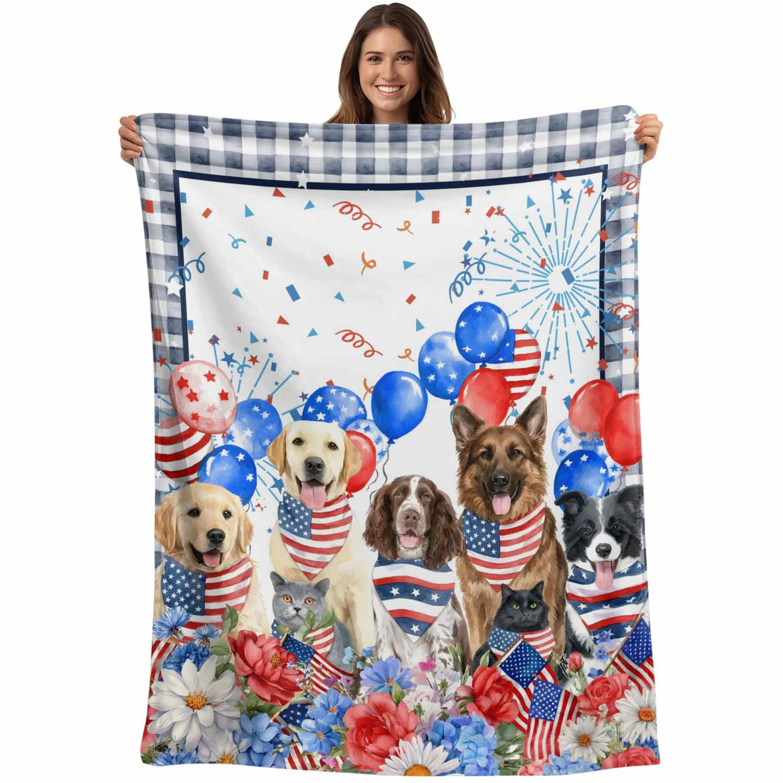 Independence Day Blanket Soft Cozy Warm Throw Blanket for Couch, Plush Fuzzy Flannel Fleece Blankets for Sofa, Red Blue Floral Dogs 4th of July Plaid Bed Blankets Lightweight Gifts for Women, 50"x60"