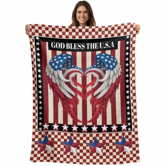 Independence Day Blanket Soft Cozy Warm Throw Blanket for Couch, Plush Fuzzy Flannel Fleece Blankets for Sofa, Red Blue U.S Flag Wings Stripes Plaid Bed Blankets Lightweight Gifts for Women, 50"x60"
