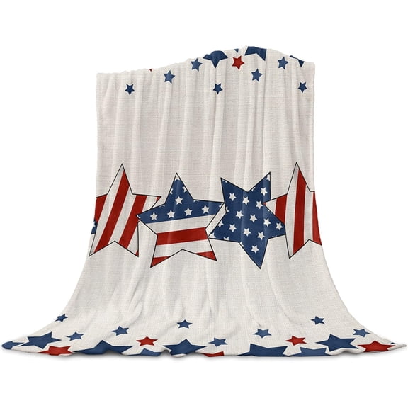 Independence Day Blanket, Super Soft Fleece Throw Blanket Burlap American Flag Blue and Red Stars Blankets Cozy Warm Fluffy Flannel Blanket Winter Decor Throws for Couch Bed Sofa, 30x40 inches