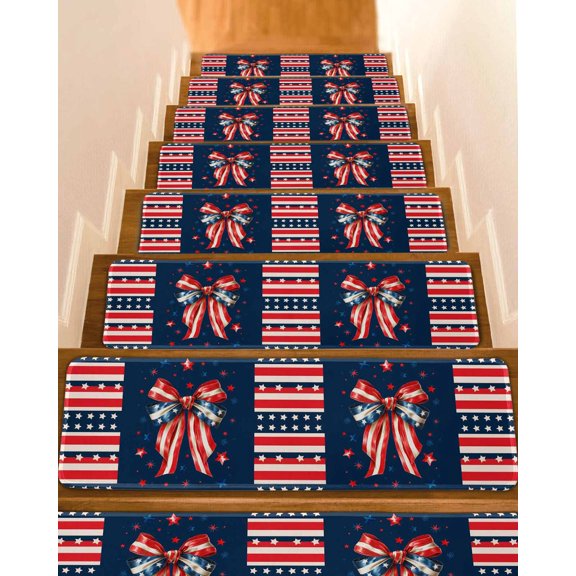 Independence Day Blue Bow Non-Slip Stair Treads for Wooden Steps, 4 Pack 8x30 Inch Stair Mats with Adhesive Backing, Noise-Reducing Step Covers for Indoor Stairs, Easy to Install & Residue-Free