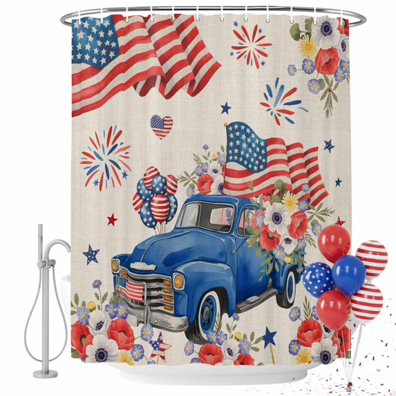Independence Day Blue Truck Shower Curtain Set with Hooks, Poppy US Flag Retro 4th of July Water Repellent Shower Curtains for Bath Decor Sturdy Shower Curtain, Machine Washable 72x72 Inch
