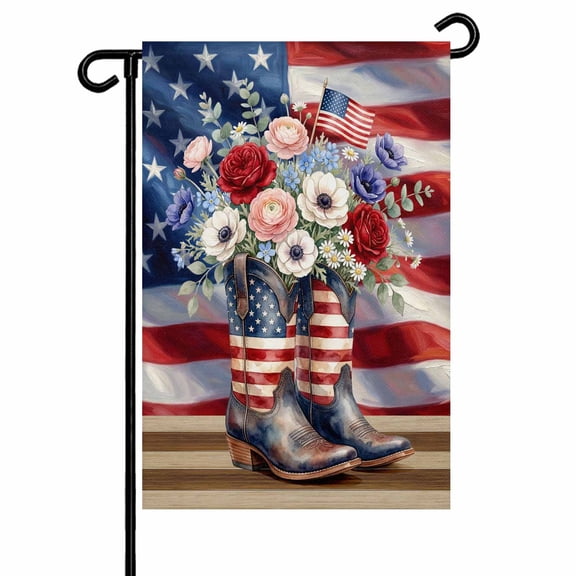 Independence Day Boots Garden Flag 12x18 Inch 4th of July Red Blue Star Stripe Flag Flowers Double Sided Small Decorative Garden Flags for Outside, Outdoor Yard Porch Lawn Decoration