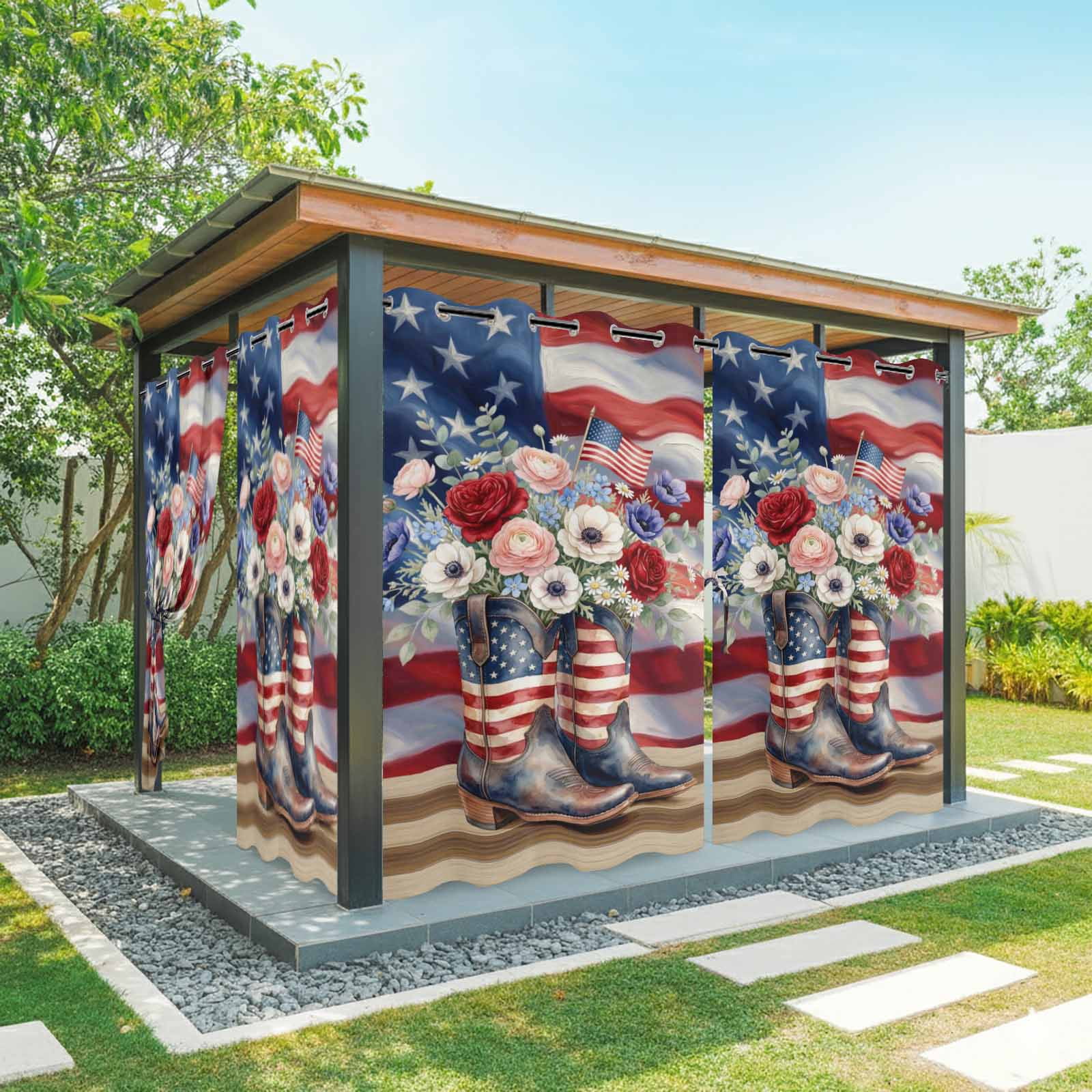 Independence Day Boots Outdoor Curtains for Patio, 4th of July Red Blue Star Stripe Flag Flowers Sunshade Privacy Drapes Grommet Waterproof Outside Curtains for Porch/Cabana/Balcony 54"x108", 1 Panel
