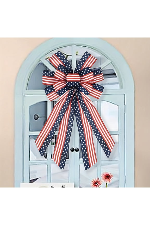 Independence Day Bow Decoration - Large 4th of July Patriotic Door Wreath Bow, Red White Blue Stars and Stripes Ribbon for Front Porch Mailbox Garden Memorial Day Outdoor Summer Party Decor