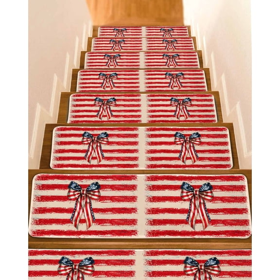 Independence Day Bow Non-Slip Stair Treads for Wooden Steps, 15 Pack 8x30 Inches Carpet Stair Mats with Adhesive Backing, Noise-Reducing Step Covers for Indoor Stairs, Easy to Install & Residue-Free