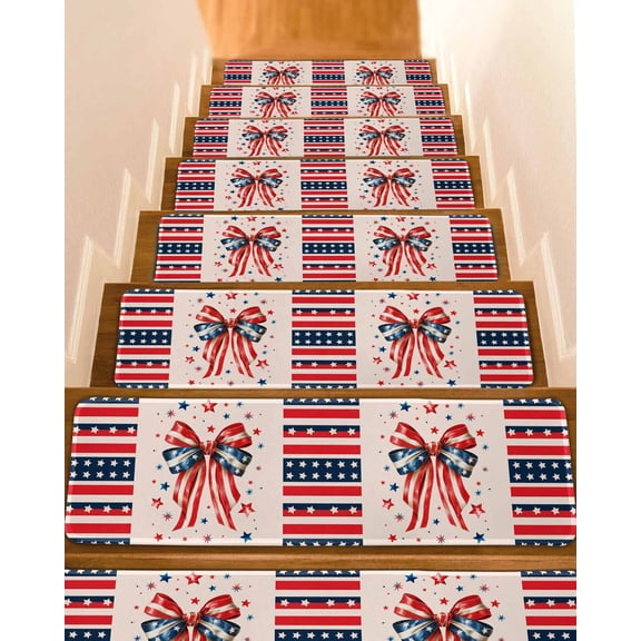 Independence Day Bow Non-Slip Stair Treads for Wooden Steps, 4 Pack 8x30 Inches Carpet Stair Mats with Adhesive Backing, Noise-Reducing Step Covers for Indoor Stairs, Easy to Install & Residue-Free