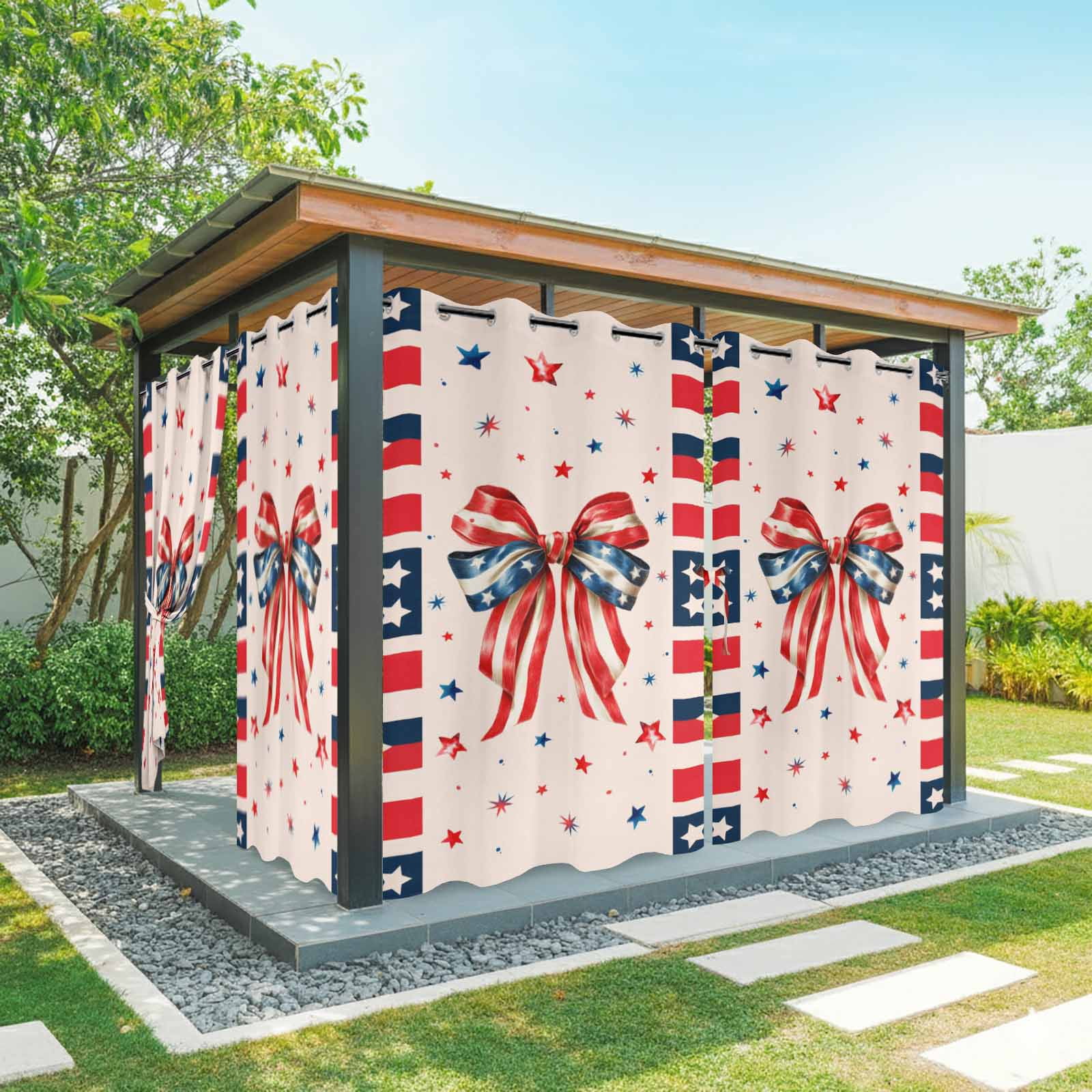 Independence Day Bow Outdoor Curtains for Patio, 4th of July US Flag Red Blue Stripe Star Sunshade Privacy Drapes Grommet Waterproof Outside Curtains for Porch/Cabana/Balcony 54"x 108", 1 Panel