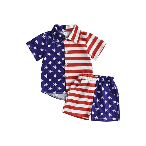 Independence Day Boys Clothes Contrast Color Stripe Stars Print Short Sleeve Shirts Tops and Shorts 2Pcs Set
