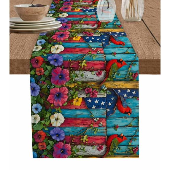 Independence Day Burlap Cotton Table Runner 13x120 Inches Long, Red Blue Star Stripe Poppy Flower Farmhouse Table Runners, Outdoor Dining Tablecloths Decor for Baby Shower/Party/Wedding