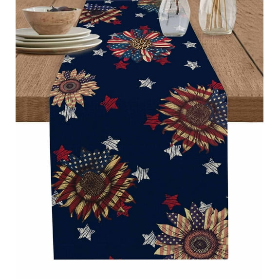 Independence Day Burlap Cotton Table Runner 13x36 Inches Short, Blue Stars Stripes Sunflower Modern Farmhouse Table Runners, Outdoor Dining Tablecloths Decor for Baby Shower/Party/Wedding