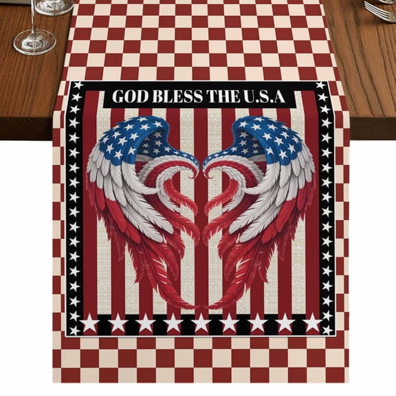 Independence Day Burlap Cotton Table Runner 13x36 Inches Short, Red Blue U.S Flag Wings Stripes Plaid Farmhouse Table Runners, Outdoor Dining Tablecloths Decor for Baby Shower/Party/Wedding