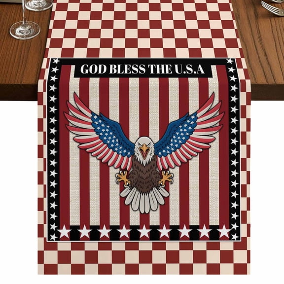 Independence Day Burlap Cotton Table Runner 13x48 Inches Long, Eagle U.S Flag Red Blue Stripes Retro Farmhouse Table Runners, Outdoor Dining Tablecloths Decor for Baby Shower/Party/Wedding