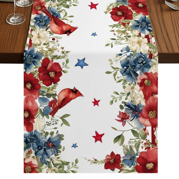 Independence Day Burlap Cotton Table Runner 16x72 Inches Long, Red Blue Floral Eucalyptus Birds Watercolor Farmhouse Table Runners, Outdoor Dining Table Decor for Baby Shower/Party/Wedding