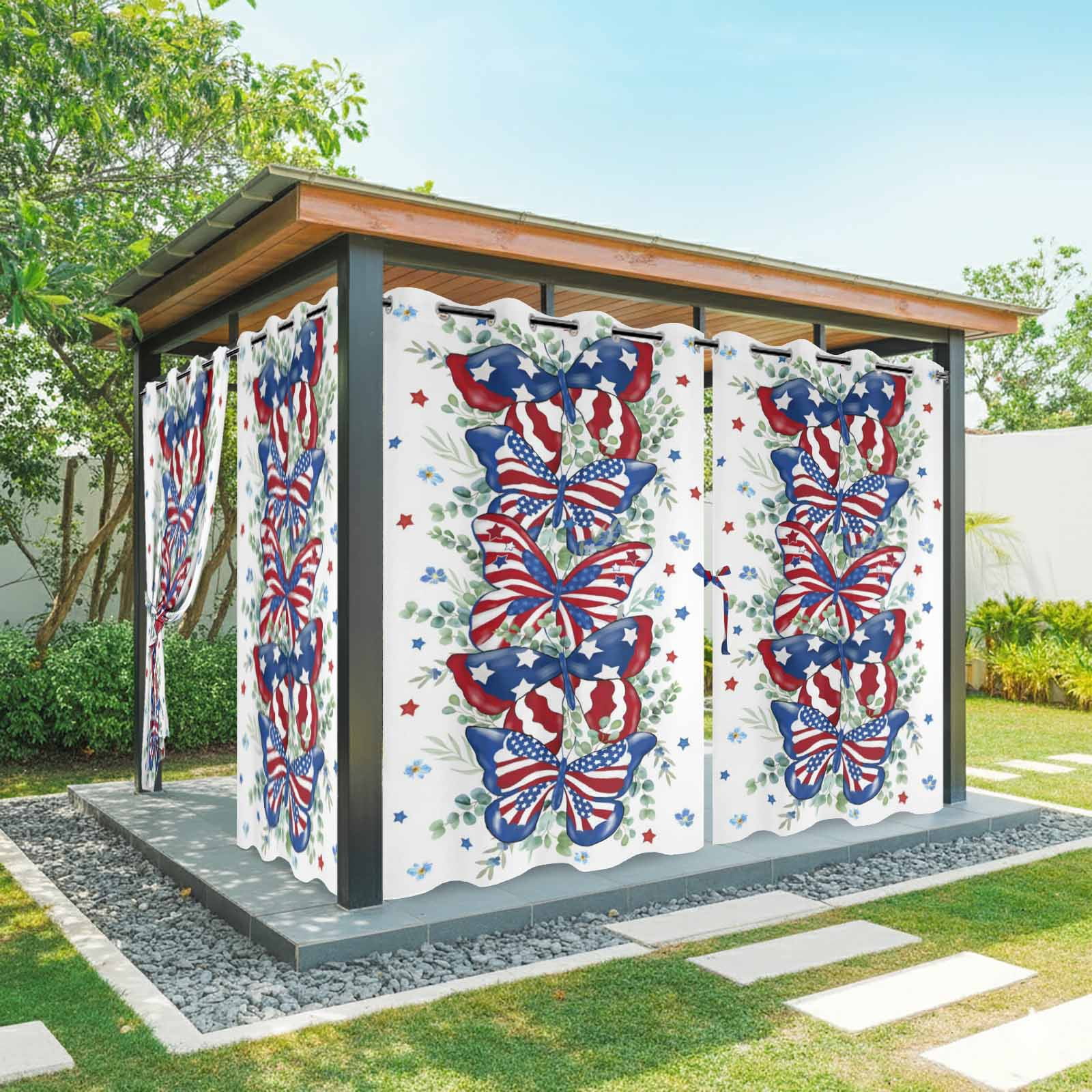 Independence Day Butterfly Outdoor Curtains for Patio, Country American Flag Butterfly Star Green Leaf Sunshade Privacy Drapes Grommet Waterproof Outside Curtains for Porch Balcony 54"x108", 1 Panel