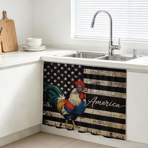 Independence Day Cabinet Curtains for Kitchen 10"W x 11"L, Retro Five-Pointed Star U.S. Flag Farm Chicken Under Sink Skirt Magic Tape Short Curtain Decorative Privacy Panel for Bathroom Laundry