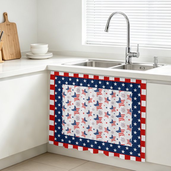 Independence Day Cabinet Curtains for Kitchen 10"W x 11"L, U.S. Flag Themed Cartoon Five-Pointed Star Under Sink Skirt Magic Tape Short Curtain Decorative Privacy Panel for Bathroom Laundry