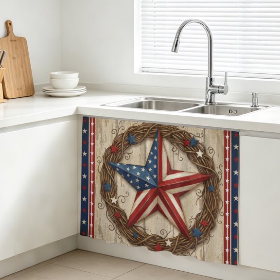 Independence Day Cabinet Curtains for Kitchen 10"Wx11"L, American Farmhouse Metal Five-Pointed Star Wood Grain Under Sink Skirt Magic Tape Short Curtain Decorative Privacy Panel for Bathroom Laundry