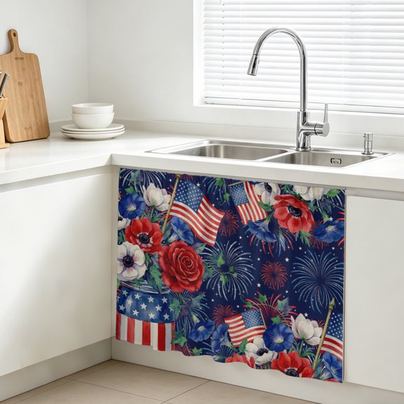 Independence Day Cabinet Curtains for Kitchen 11"Wx13"L, U. S. Flag White Five-Pointed Stars Fantasy Firework Vanity Cabinet Curtains Magic Tape Short Curtain Decor Privacy Panel for Bathroom Laundry