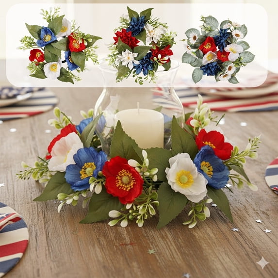 Independence Day Candle Holder Wreath with Red White Blue Artificial Daisies – 8 Inch Patriotic Candle Centerpiece for 4th of July Table Decor and Holiday Parties