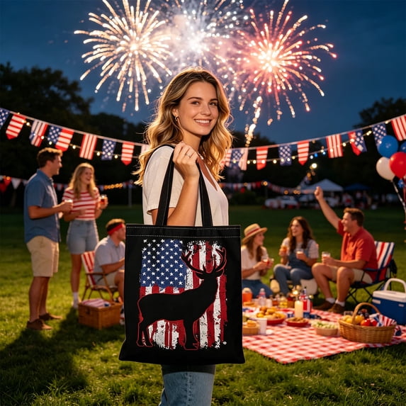 Qjidjing Independence Day Canvas Bag, Tote Bag, Patriotic American Flag Pattern Canvas, for 4th of July Shopping, Outdoor Activity, Daily Use