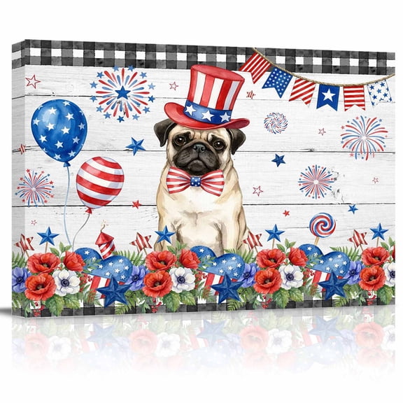 Independence Day Canvas Print Wall Art Cartoon Pug Dog Cute Puppy Colorful Poppy Wood Grain Pictures Painting Morden Artwork for Living Room Bedroom, Ready to Hang - 12"x16"