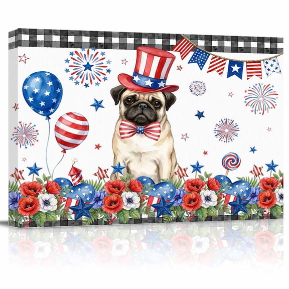 Independence Day Canvas Print Wall Art Cartoon Pug Dog Cute Puppy Red Blue Flower Pictures Painting Morden Artwork for Living Room Bedroom, Ready to Hang - 12"x16"