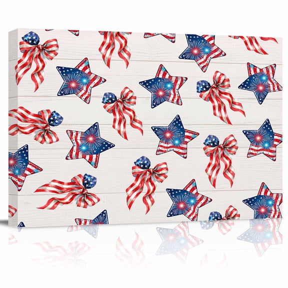 Independence Day Canvas Print Wall Art Patriotic US Flag Red Blue Stripe Star Bow Fireworks Pictures Painting Morden Artwork for Living Room Bedroom, Ready to Hang - 12"x16"