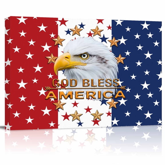 Independence Day Canvas Print Wall Art U.S. Flag Themed Bald Eagle Five-Pointed Star Pictures Painting Morden Artwork for Living Room Bedroom, Ready to Hang - 12"x16"