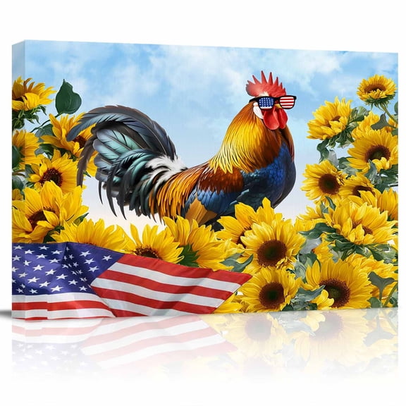 Independence Day Canvas Print Wall Art U.S. Flag Themed Farm Rooster Summer Sunflower Pictures Painting Morden Artwork for Living Room Bedroom, Ready to Hang - 12"x16"