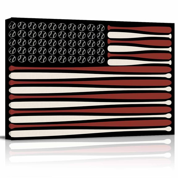 Independence Day Canvas Print Wall Art Watercolor U. S. Flag Themed Baseball Sport Pictures Painting Morden Artwork for Living Room Bedroom, Ready to Hang - 12"x16"