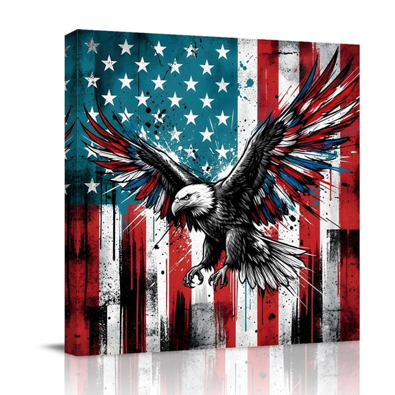 Independence Day Canvas Wall Art for Living Room, American Flag Bald Eagle Splash Retro Poster Print Painting for Bedroom Office Home Decoration Wall Pictures Prepare To Hang 8"x8"