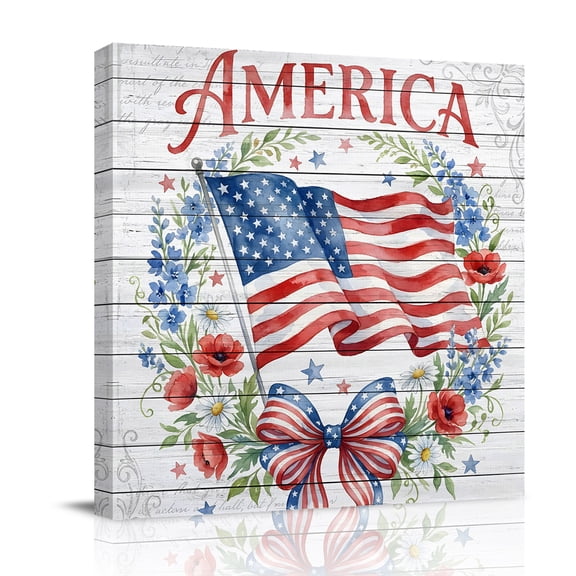 Independence Day Canvas Wall Art for Living Room, American Flag Blue Red Flower Country Wood Stripes Poster Print Painting for Bedroom Office Home Decoration Wall Pictures Prepare To Hang 10"x10"