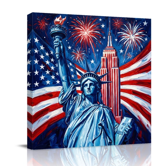 Independence Day Canvas Wall Art for Living Room, American Flag Statue of Liberty Firework Red Stripes Poster Print Painting for Bedroom Office Home Decoration Wall Pictures Prepare To Hang 8"x8"
