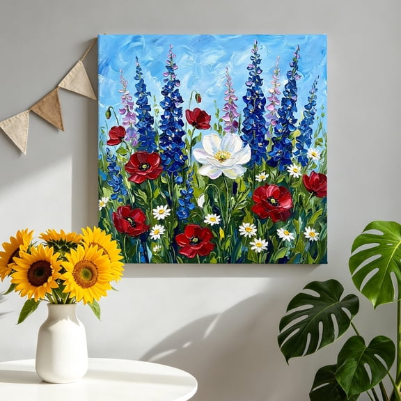 Independence Day Canvas Wall Art for Living Room, Oil Painted Red Blue White Floral Leaf Sky Poster Print Painting for Bedroom Office Home Decoration Wall Pictures Prepare To Hang 8"x8"