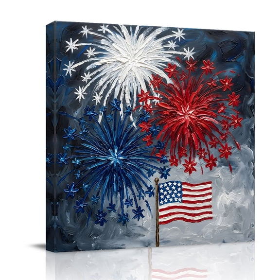 Independence Day Canvas Wall Art for Living Room, Oil Painting Blue White Red Firework Patriotic Flag Poster Print Painting for Bedroom Office Home Decoration Wall Pictures Prepare To Hang 12"x12"