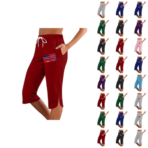 Independence Day Capri Pants for Women Summer Casual Elastic Waist Split Hem Straight Leg Cropped Sweatpants with Pockets