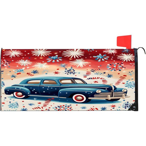 Independence Day Cars Mailbox Cover Magnetic Mailbox Wrap Standard Size 18 x 21 Inch Post Letter Box Cover for Garden Yard Outdoor Decor