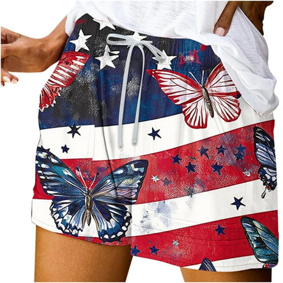 Independence Day Casual Shorts Women 2025 Summer Beach Shorts Wide Leg American Flag Bottoms High Waist Elastic Shorts with Pockets