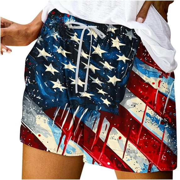 Independence Day Casual Shorts Women 2025 Summer Beach Shorts Wide Leg American Flag Bottoms High Waist Elastic Shorts with Pockets