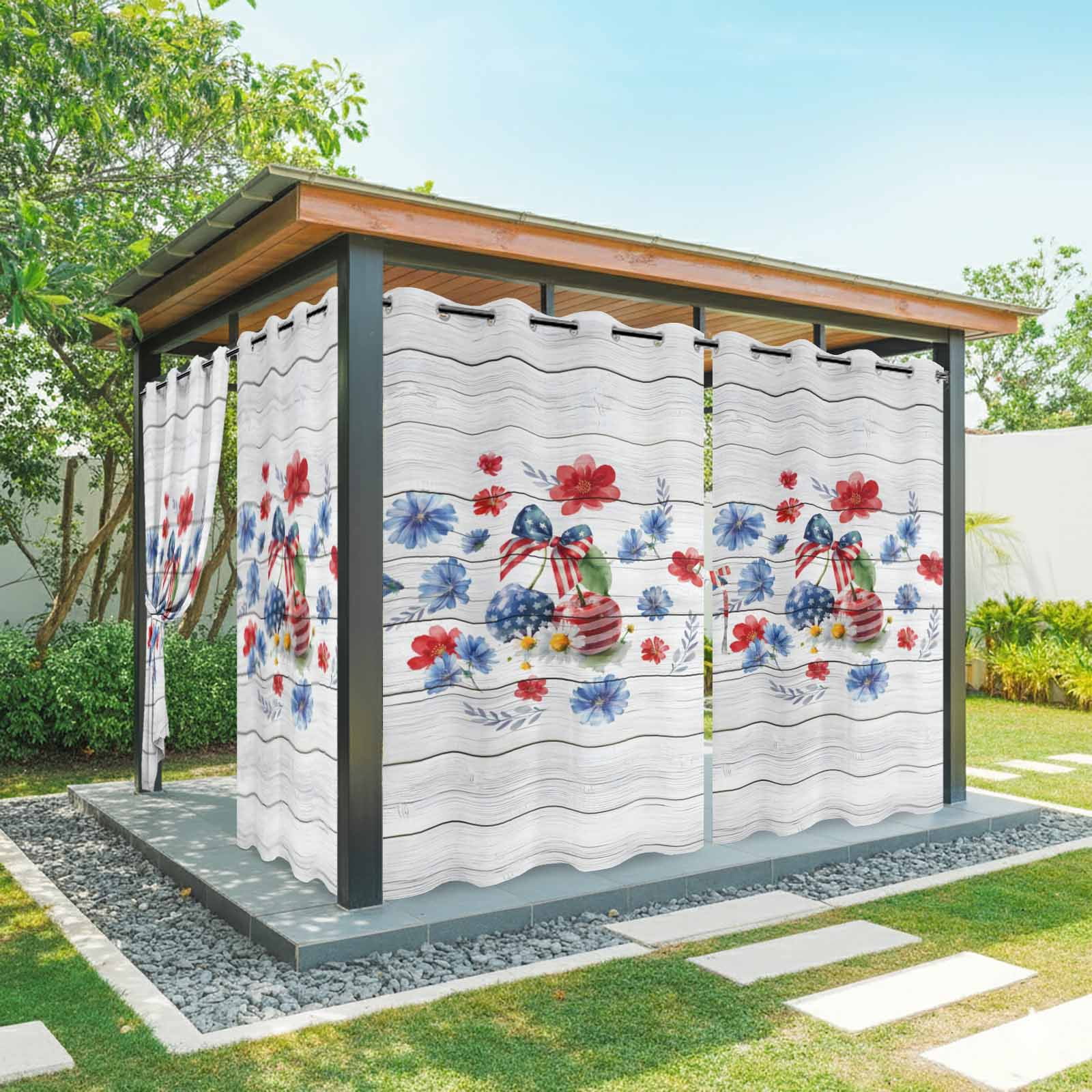 Independence Day Cherry Outdoor Curtains for Patio, Patriotic Red Blue Star Floral Bow Wood Grain Sunshade Privacy Drapes Grommet Waterproof Outside Curtains for Porch Balcony 54"x108", 1 Panel