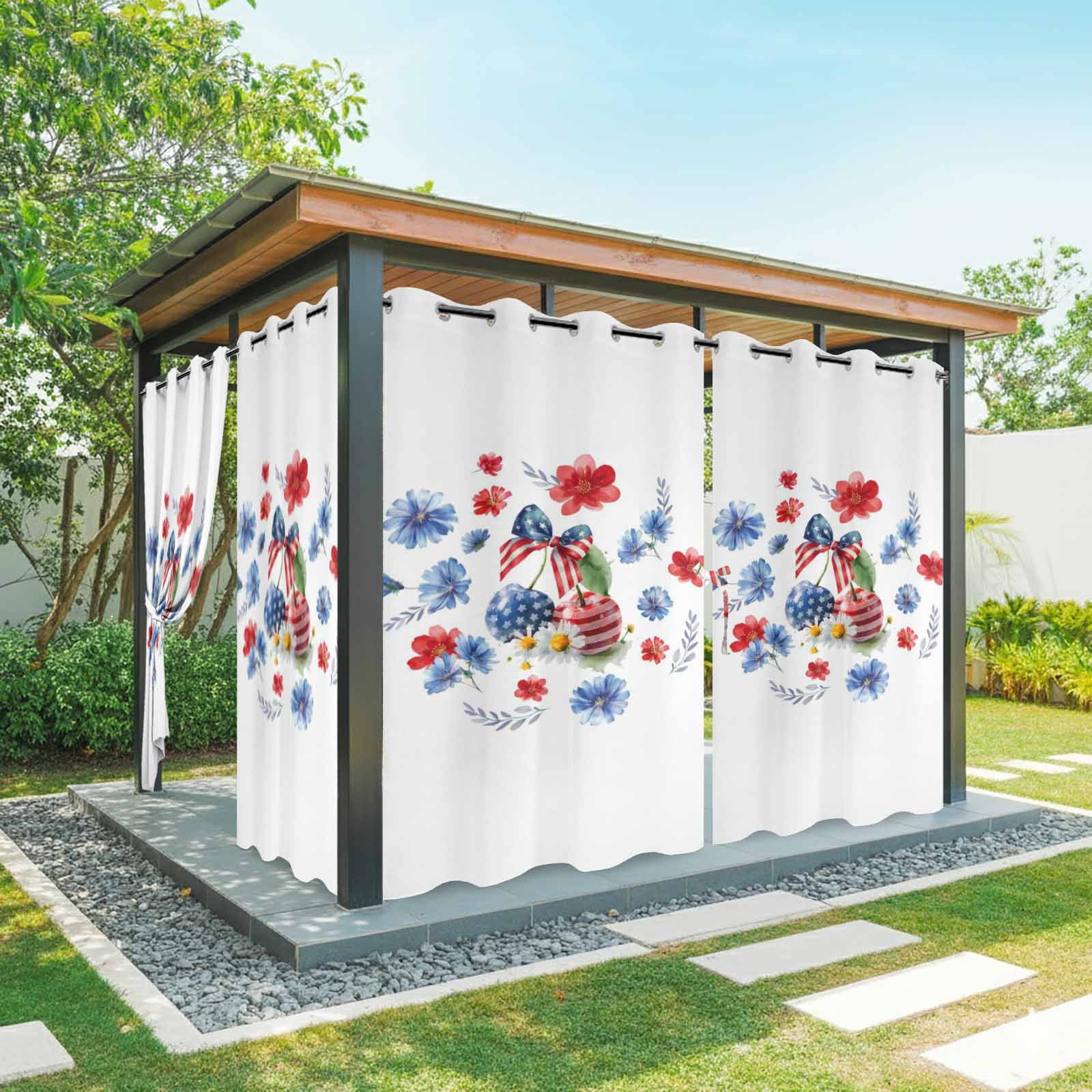 Independence Day Cherry Outdoor Curtains for Patio, Patriotic Red Blue Star Flower Bow Leaf Sunshade Privacy Drapes Grommet Waterproof Outside Curtains for Porch/Cabana/Balcony 54"x 108", 1 Panel