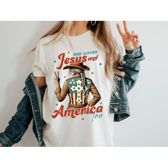 Independence Day Christian T-shirt, 4th of July Shirt, Loves Jesus and America Too, Retro USA Flag Shirt