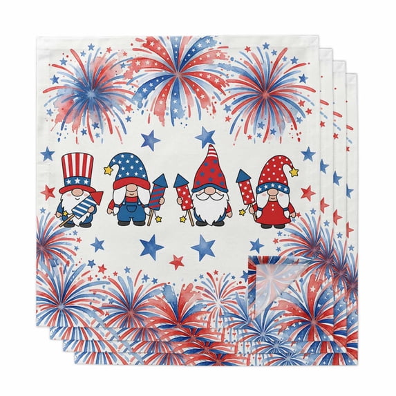 Independence Day Cloth Napkins, American Flag Gnomes Red Blue Firework Washable and Reusable Dinner Napkins Set of 4, Table Napkin for Kitchen Party Birthday Wedding Hotel Housewarming 20"x20"