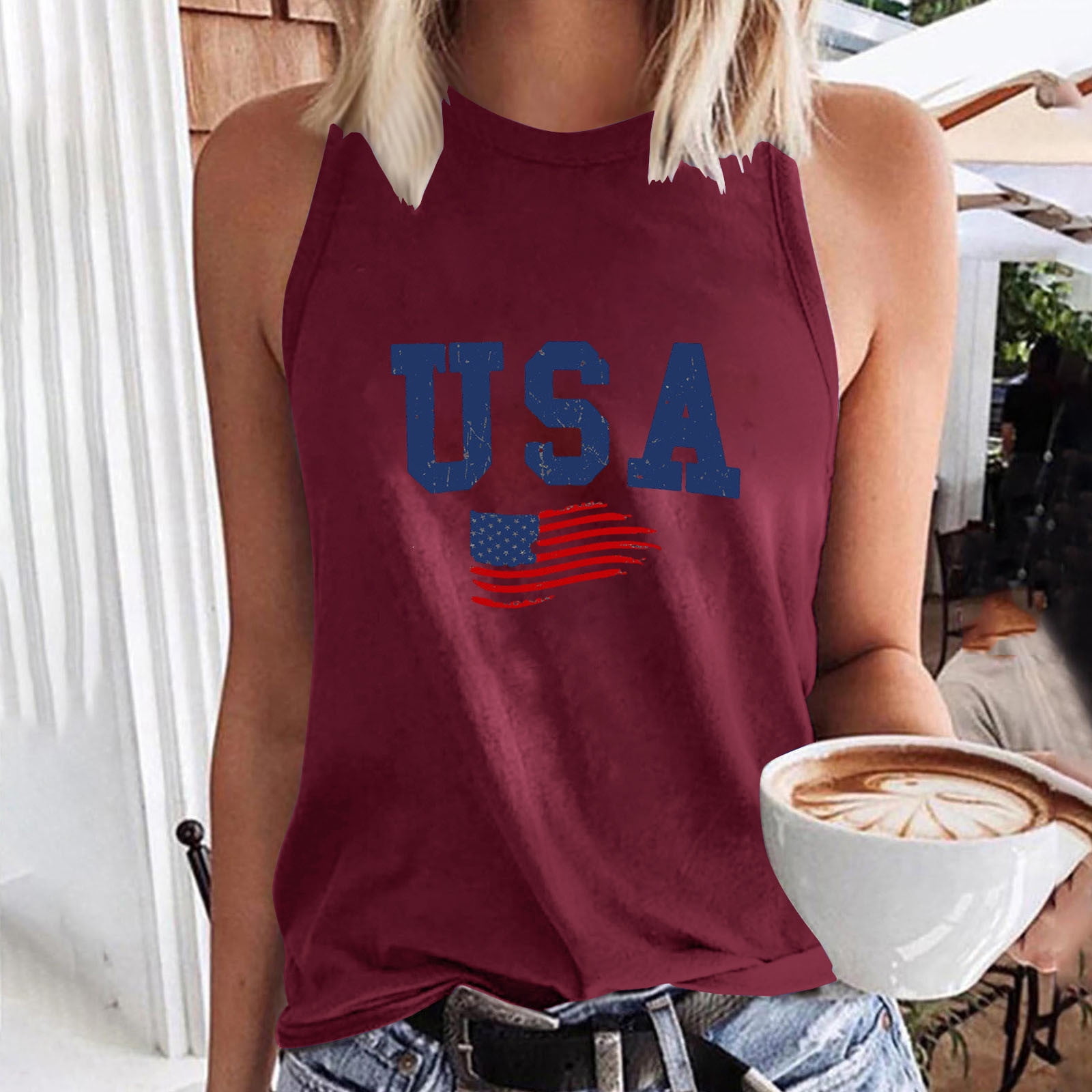 Independence Day Clothes Women Tank under $5 Sleeveless Printed Round ...